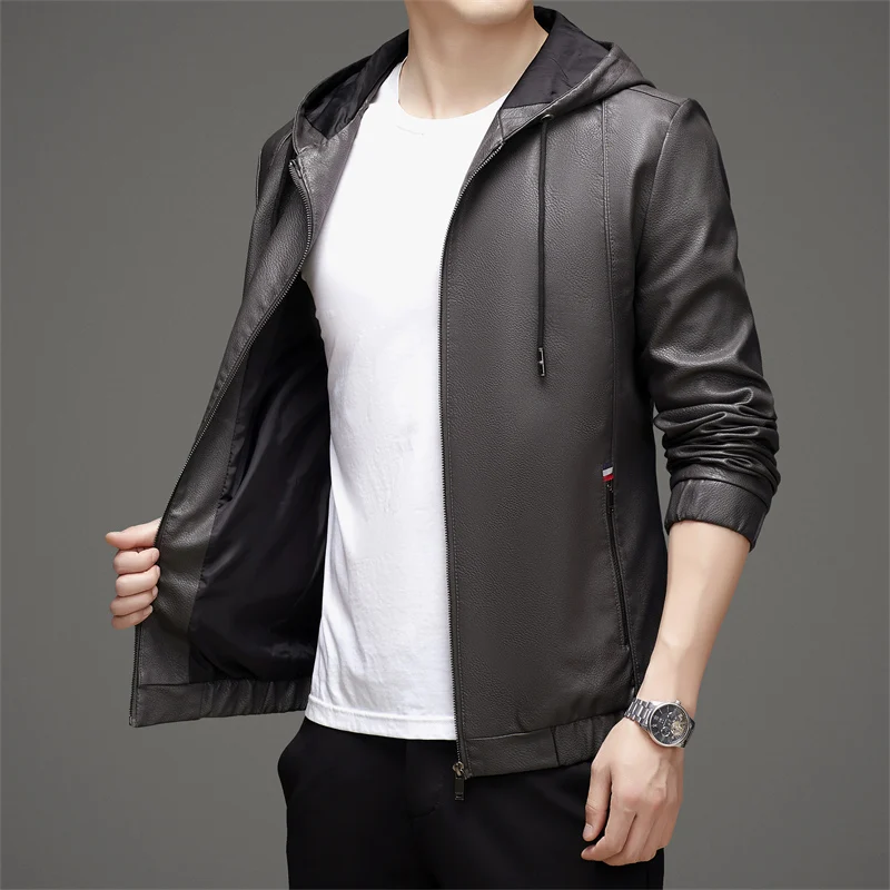 

New Men's PU Leather Jaet Hooded Versatile Casual Faionable Light Busin Outerwear Spring 2025 Regular Length Artificia...