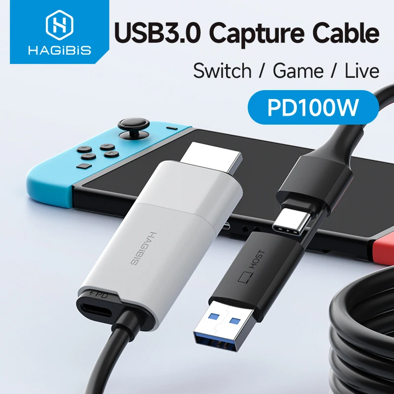 Hagibis Karta przechwytująca wideo USB 3.0 HDMI na USB-A/Type-C Kabel przechwytujący PD 100W do Quest 3 Switch Gaming Live Streaming Recorder