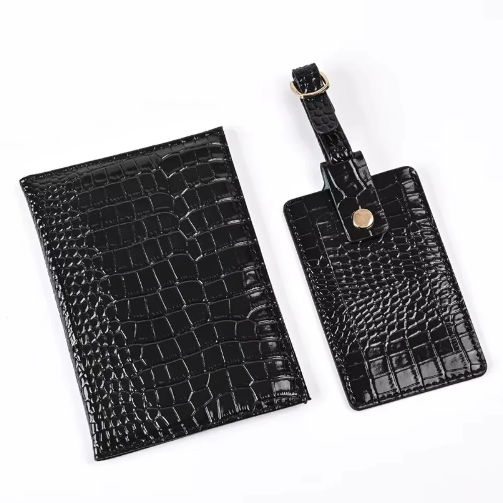 2 Pcs Set Pu Leather Passport Holder Case Crocodile Patterned Solid Color Luggage Tag Accessories Multi-Pocket Name Card Holder