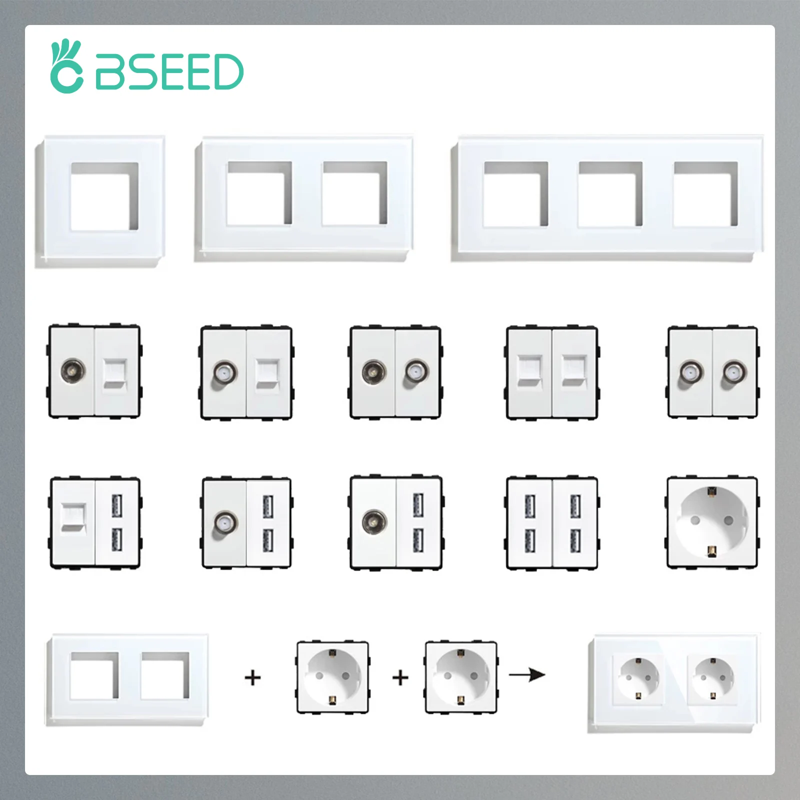 BSEED EU Standard USB RJ45 Socket TV Satellite Wall Plug Function Parts Wall Electric Socket Glass Panel DIY Free Combination