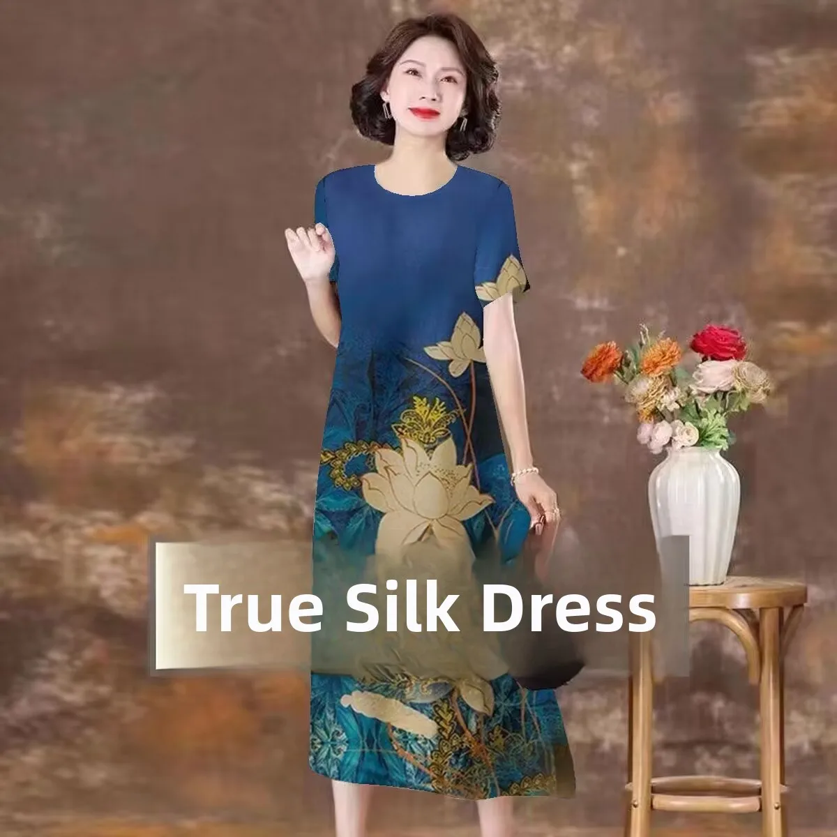 Seta angyun Pesante Estate Dr Donna Sciolto Taglia grande Mamma di mezza età Seta Dr Stampa floreale A-Line Midi Dr