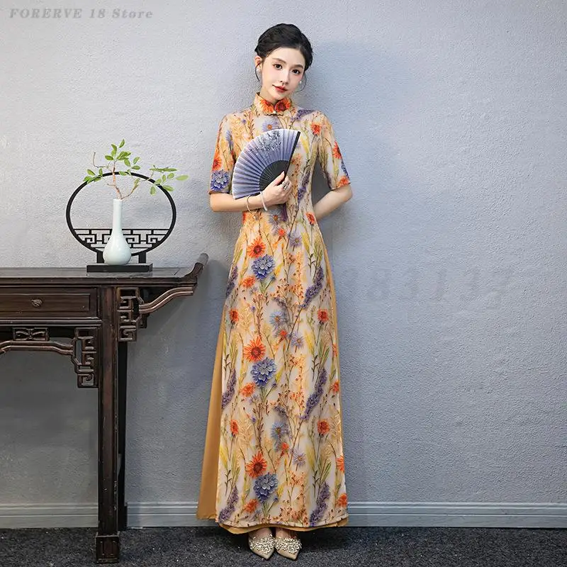 New Chinese Style Dress Women Fashion Floral Print Qipao Big Size 5XL Ao Dai Chesongam Team Stage Show Performance Dance Costume