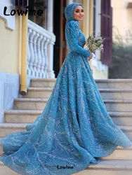 Muslim Blue Long Sleeves Evening Dresses 2023 Sequins Beaded Formal Dubai Arabic Middle East Women Party Dress Prom Gowns Custom