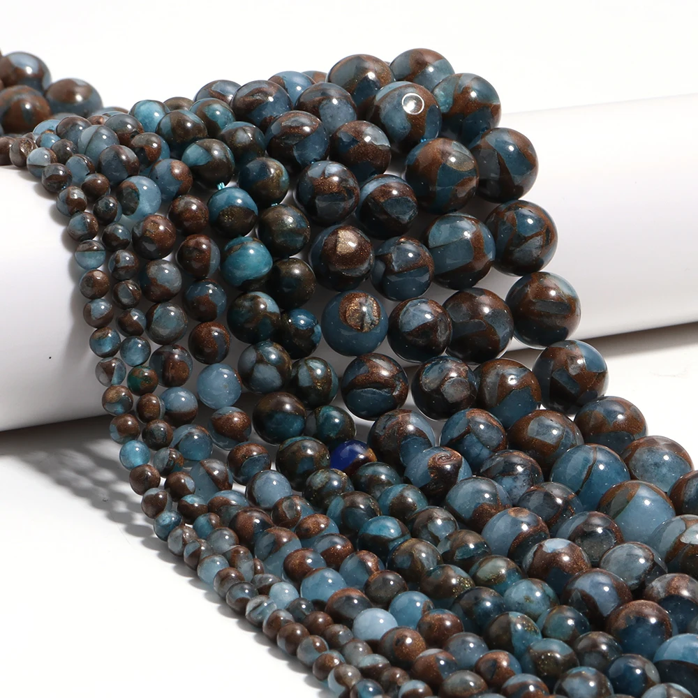4 6 8 10 12mm Natursteinperlen Blau-Goldene Farbe Runde Lose Perlen für Schmuckherstellung DIY Armband Halskette Zubehör