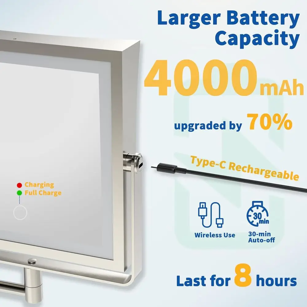 مرآة مكياج LED مزدوجة الجوانب مع تكبير 1X/10X، تعتيم شاشة اللمس، 360 درجة ° ذراع دوار من النيكل المصقول #3