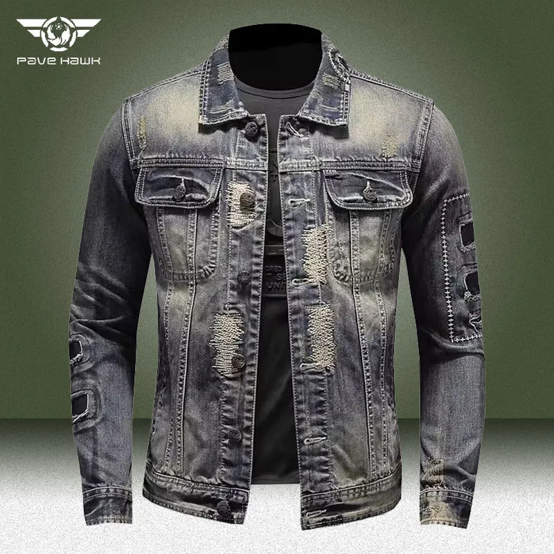 

Retro Cargo Denim Jacket Men Military Multi-pocket Wear resistant Cowboy Jackets Mens Spring Autumn Motorcycle Zipper Jean Coats