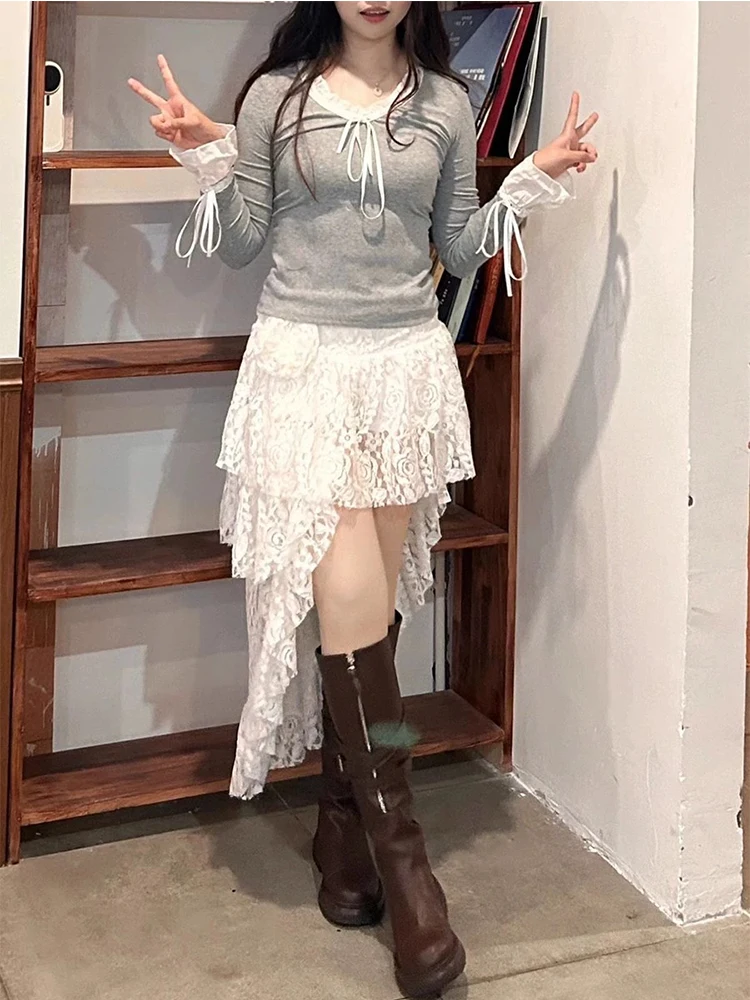 

Ele A-Line Midi Skirt with Lace Dra for Women High Waist Summer Faion Korean Sle Polyester Material ort Skirt