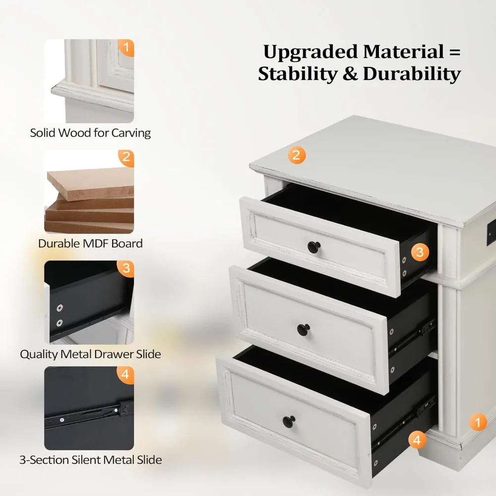 طقم من طاولتين ليلتين، 24 واسعة مع قاعدة شحن و3 أدراج، أدراج مزخرفة، مقاس كبير #6