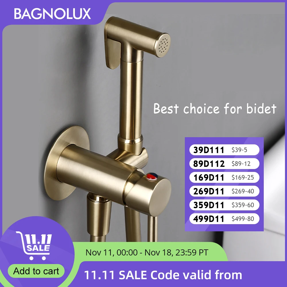 Bagnolux Brushed Gold Toilet Held Bidet Sprayer Kit with Hose and Holder Wall Mounted Hot and Cold Mixed Type Bathroom Faucet