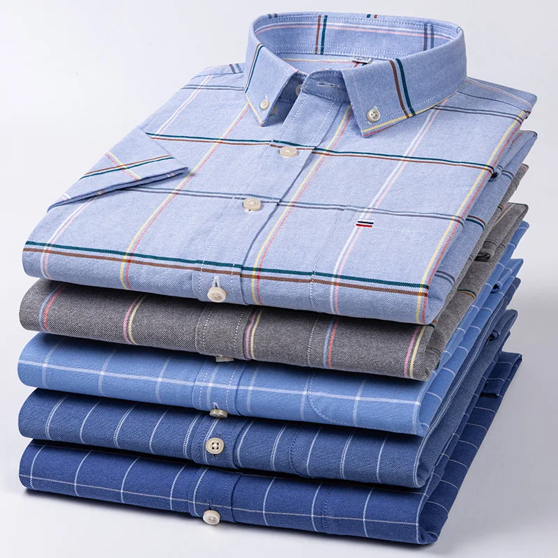 Men's High-quality Oxford Cotton Short Sleeved Shirt for Summer Comfort Breathable Classic Solid Color Plaid Business Leisure