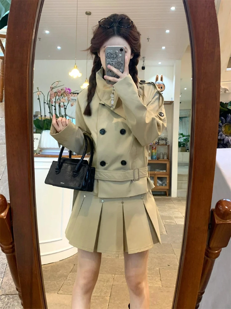 Autumn New Korean Fashion Skirt Suit Women Casual Long Sleeve Warm Coat + Ruffle Mini Skirt 2024 Office Lady Solid 2 Piece Set