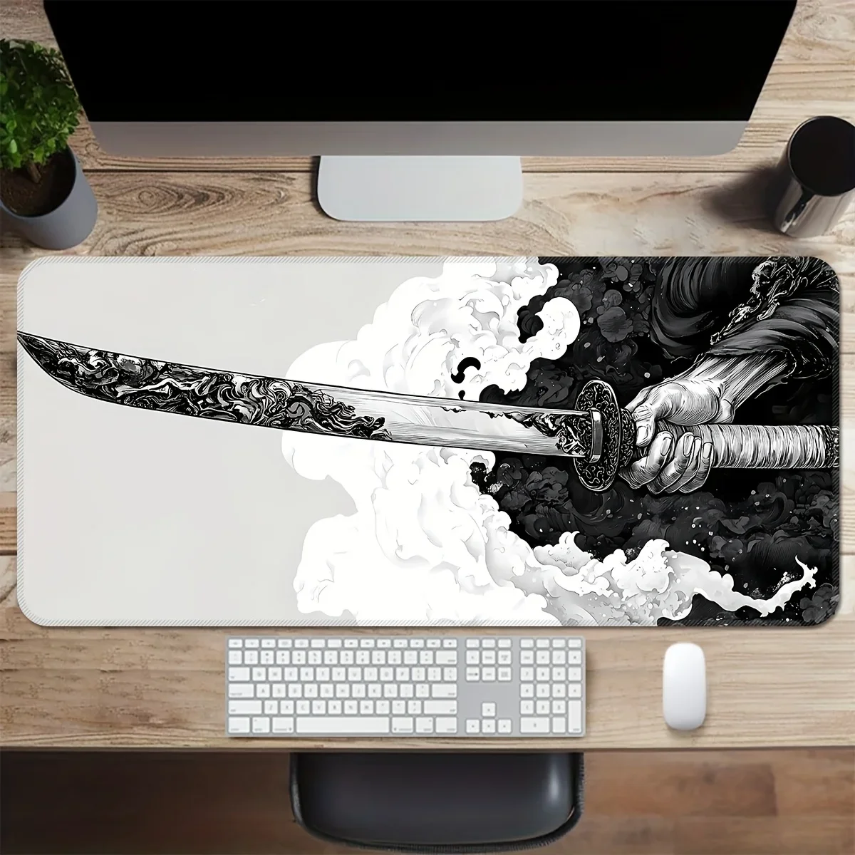 

Extra Large Gaming Mouse Pad with Black White Sword Print, Non-Slip Rubber Base, Washable Office Desk Mat for PC Gaming eSports