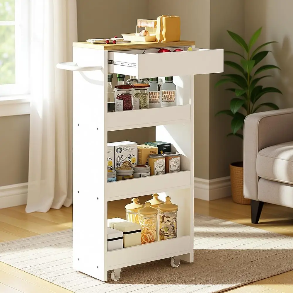

4-Tier Rolling Kitchen Cart with Drawer, Wheels, and Handle - Ideal for Small Spaces and Laundry Rooms, White