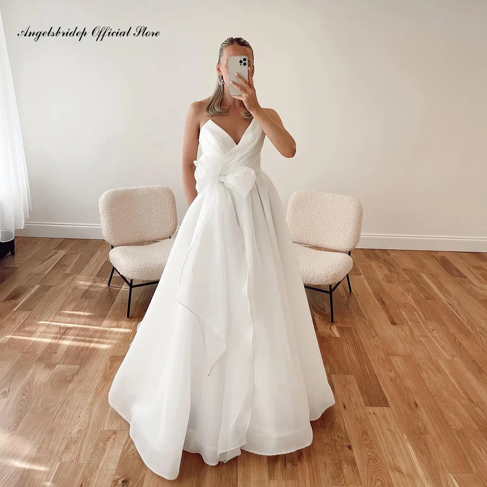 Angelsbridep Bohemia A-Line Wedding Dresses Bow Ruched Ribbons Off Shoulder Bridal Gowns Pleats Princess Sleeveless Bride Dress