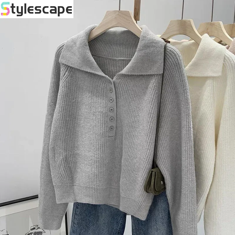 

Корейский пуловер с большими лацканами в ленивом стиле для женщин, осень и зима 2025 года, новый свободный и универсальный утягивающий вязаный свитер