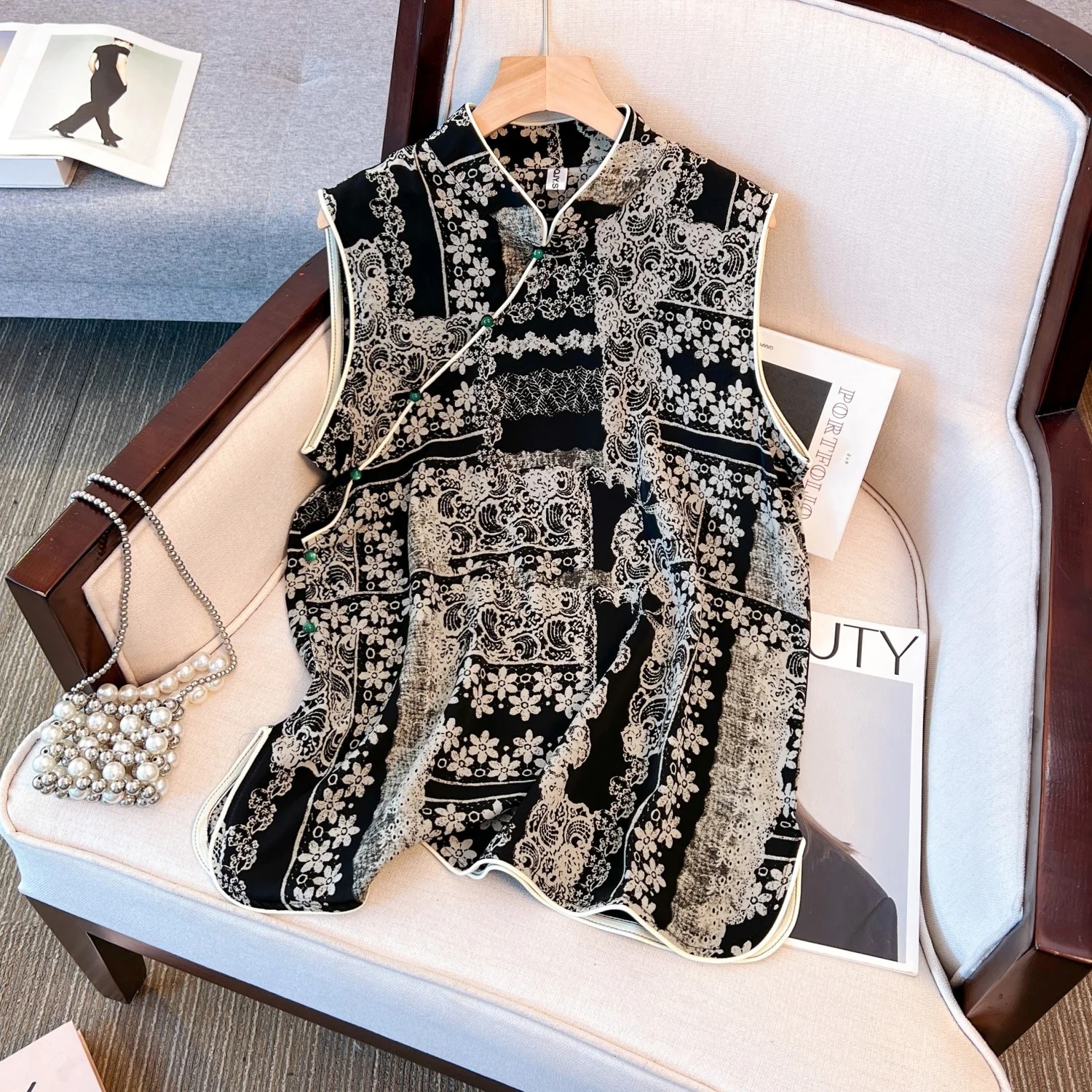 

Новый летний женский свободный длинный топ с принтом без подошв, корейский европейский ретро-кнопочный топ с воротником-стойкой в этническом стиле