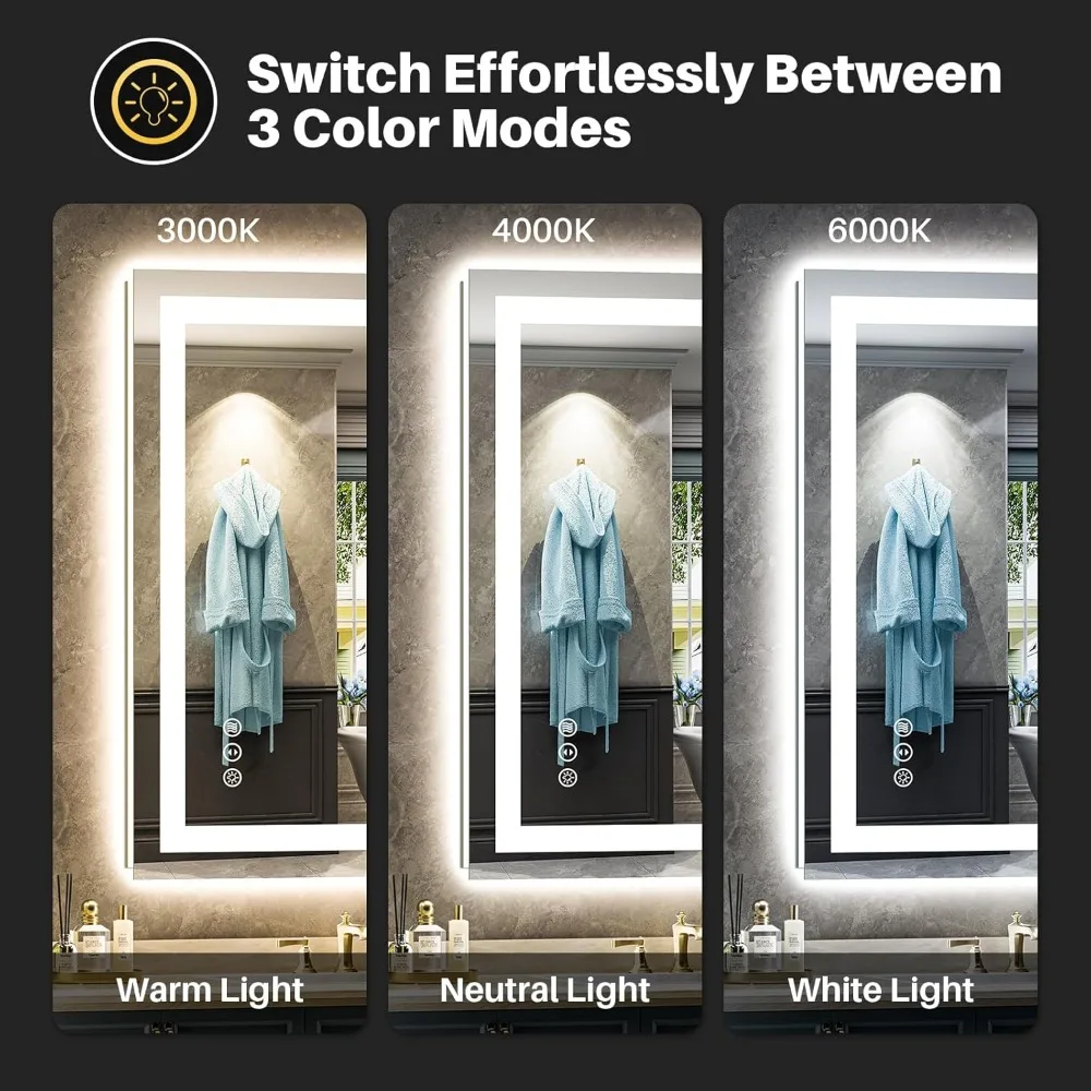 Miroir de salle de bain LED 24x32 pouces avec antibuée, lumières à intensité variable, fonction mémoire, verre trempé incassable