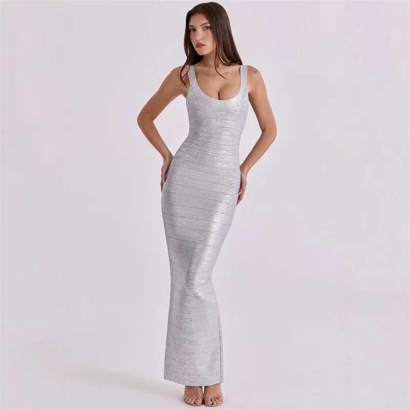 

Shiny Silver Prom Dress Sexy Sleeveless Stripe Slim Fit Long Sheath Party Gown Formal Wedding Guest Birthday Evening Robe