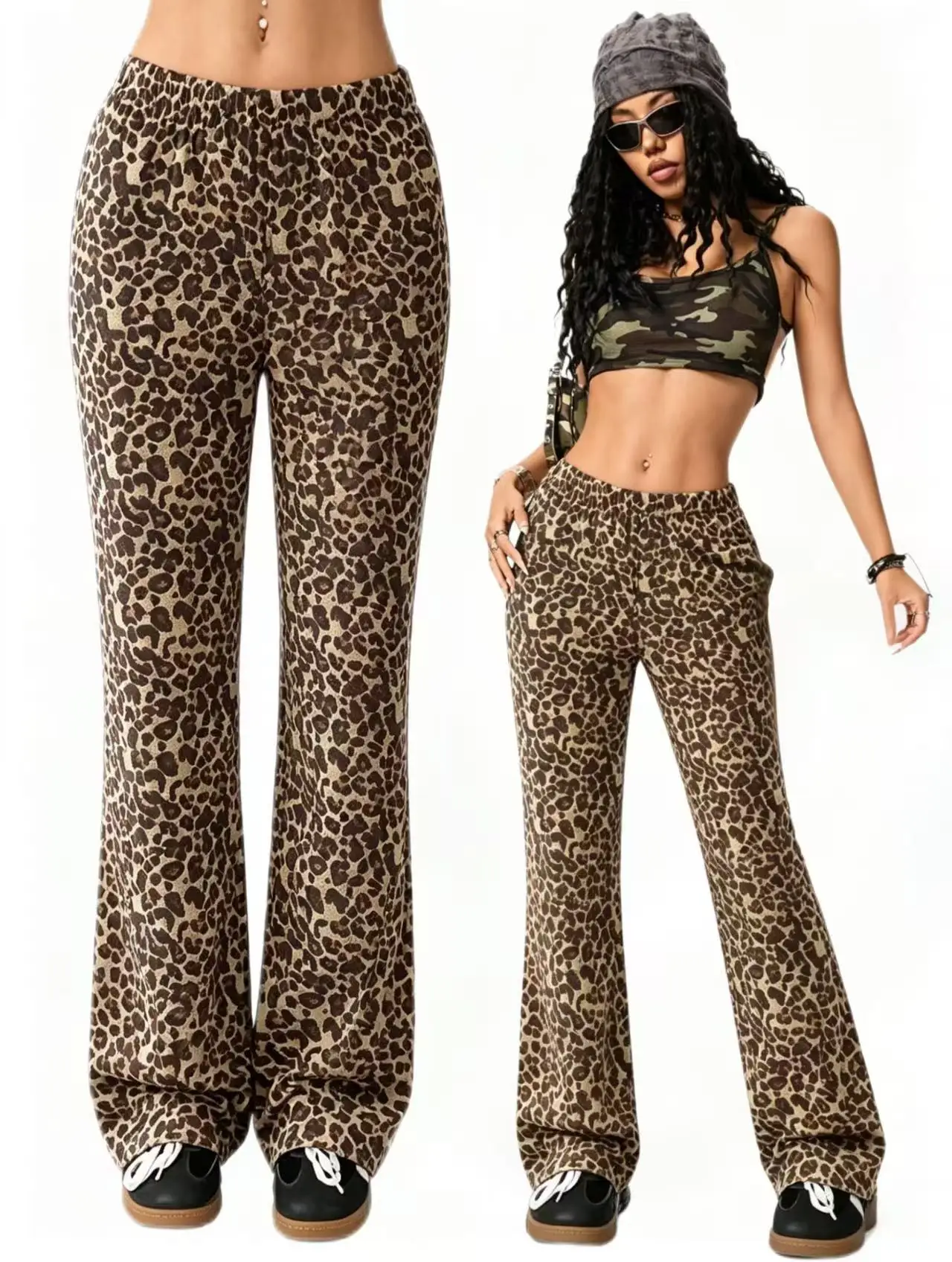 Leopard print high waist straight casual pants, household pants, pajamas, leopard print clothing brown elegant cheetah models