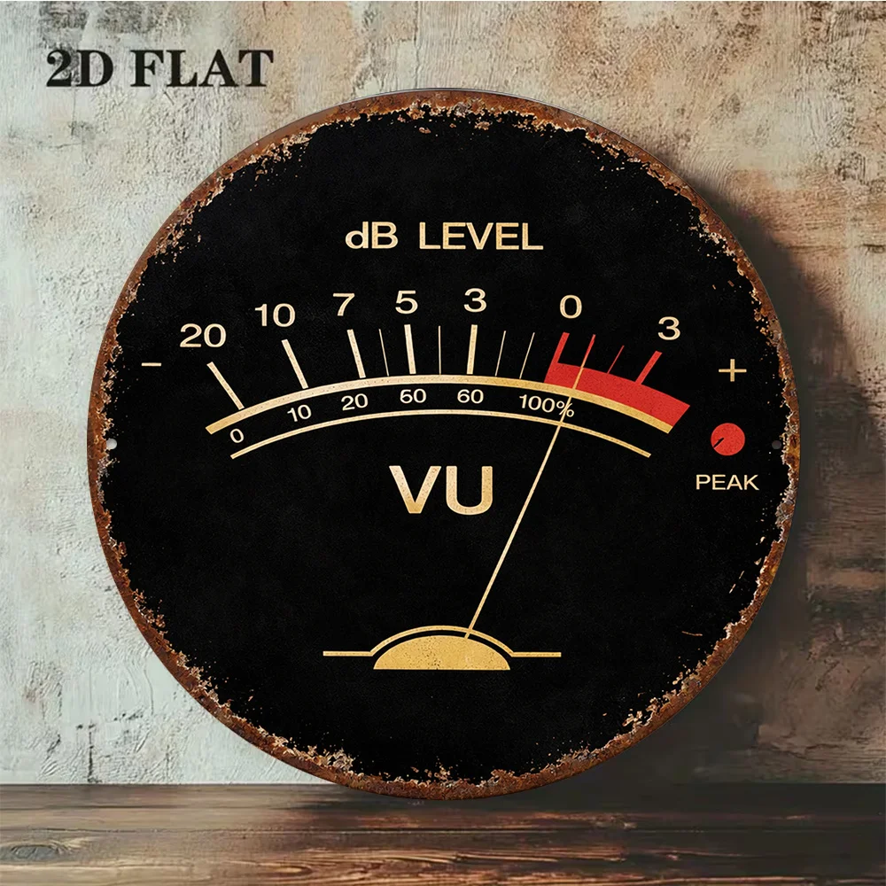 1pc 8x8in/20x20cm 2D Flat Round Aluminum Sign Retro dB Level VU Meter Vintage Metal Plaque Audio Volume Decor for Bar Music Room