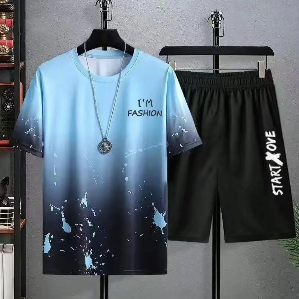 Conjunto de roupas esportivas gradiente masculino, blusa de manga curta e shorts, camiseta com gola redonda, cintura elástica para ativos