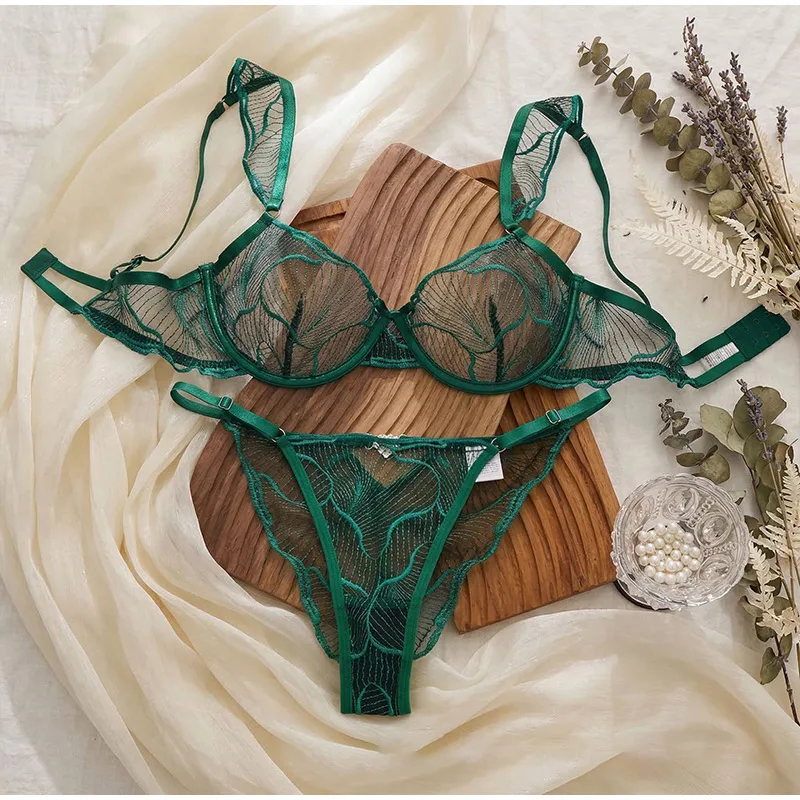 French Lace Bra and Panty Set Embroidered Mesh Sheer Lingerie with Spaghetti Straps Ripple Pattern for Spring Summer Women Wear