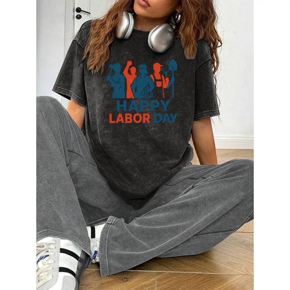

"Washed Happy Labor Day T-Shirt Women Oversized Vintage Graphic Tee Crewneck Short Sleeve Worker Profession Print Casual Top"