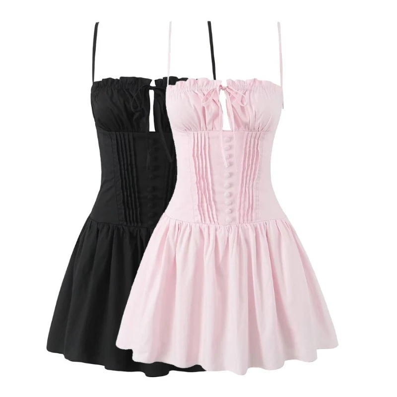 

Spring new hollow out strap waist cinched back pleated solid color suspender short dress short skirt