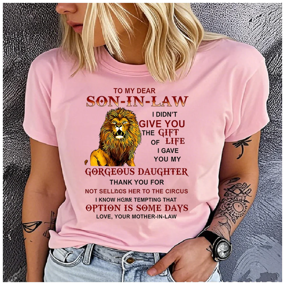 

Women's Cotton 100% Lion Letter Print T-shirt Loose round Neck Casual Short Sleeve Fashion Top Clothing Summer