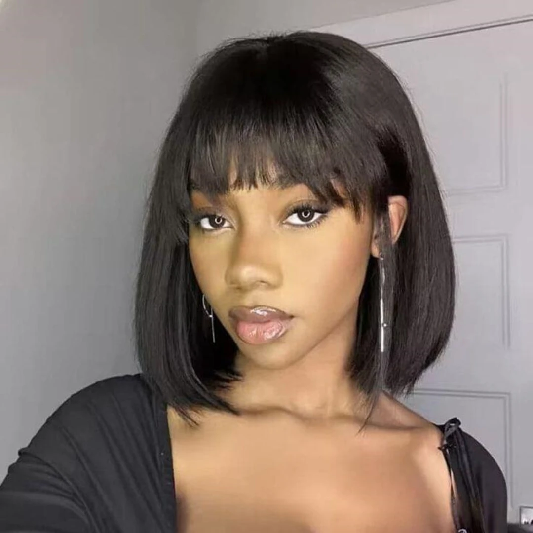 Straight Bob Human Hair Wigs With Bangs for Black Women Daily Use 8-12 Inches Non Lace Machine Made Straight Bob Wig On Sale