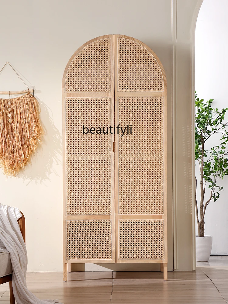 Japanese Style Rattan Wardrobe Retro Homestay Hotel Cabinet Small Apartment Home Bedroom Double Door Storage Locker