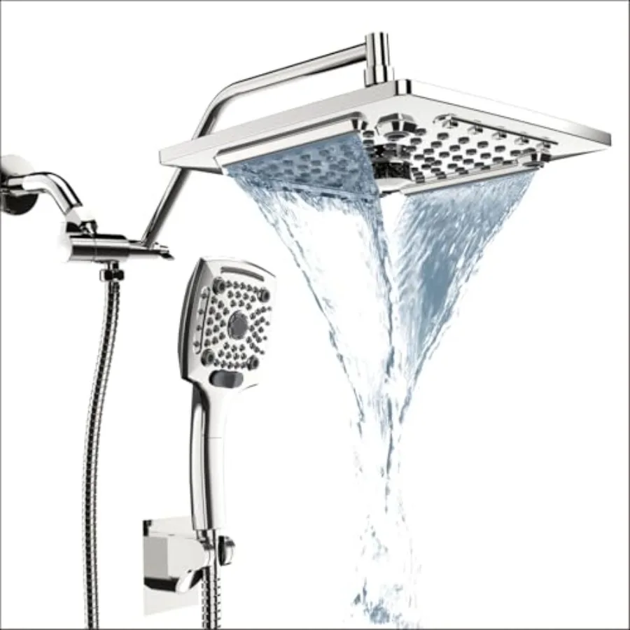 

Rainfall Shower Head System for bathroom use, brushed nickel finish, stainless steel and ABS plastic, 5 spray modes, adjustable