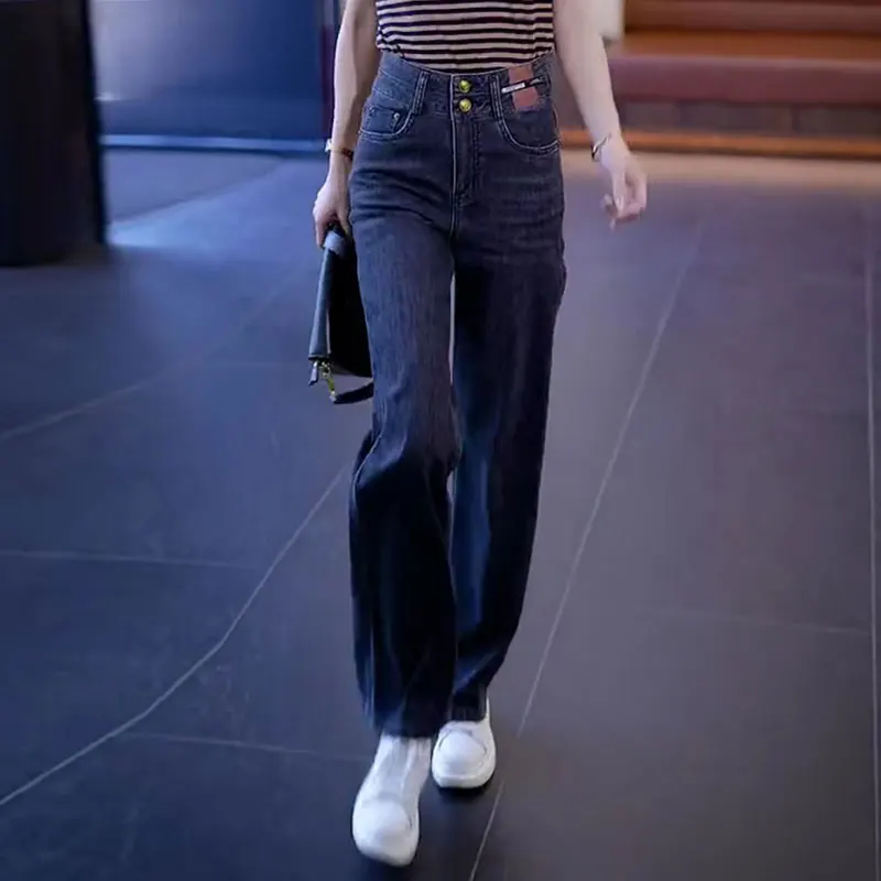 

Мягкие джинсы с высокой талией, женские свободные широкие брюки, весенне-осенние утягивающие прямые джинсы с двойным синим хлопковым эластичным джинсом