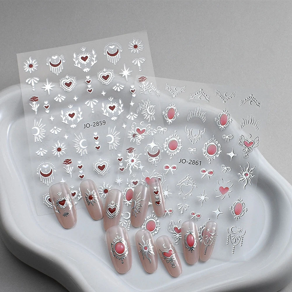 3D Sky Blue Gilded Love Heart Nail Stickers Baroque Moon Stars Sun Adhesive Slider Manicure Decoration Valentine's Nail Supplies