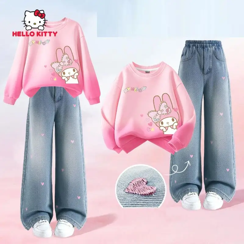 

Sanrio My Melody Girl Sets Children Fall Spring Gradient Color Tops Jeans Pants Kawaii Cartoon Anime Fashion New Casual Clothing
