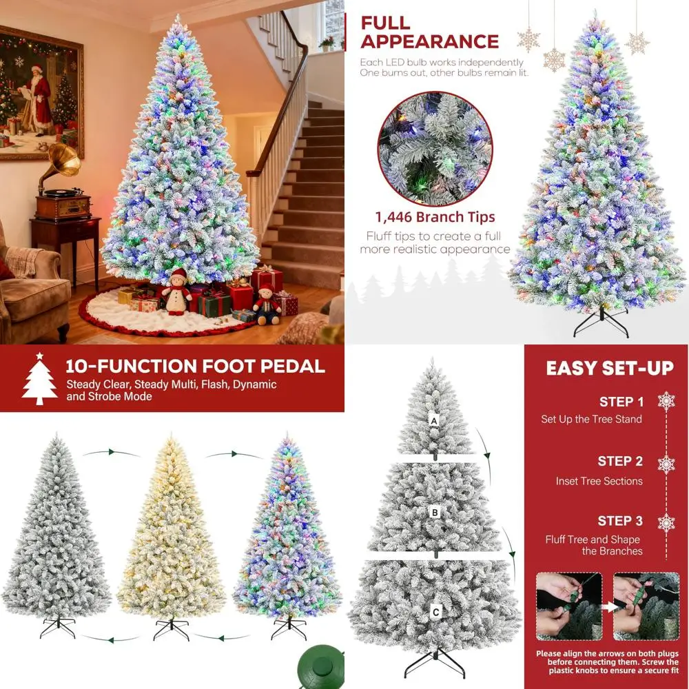 شجرة عيد الميلاد الاصطناعية المتدفقة بالثلج بطول 7.5 أقدام مع 450 مصباح LED متعدد الألوان، 10 أوضاع، 1446 فروع، زينة للعطلات مضاءة مسبقًا #1