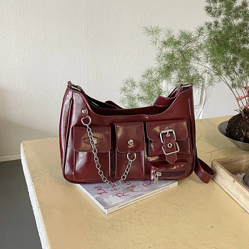 Women's Casual Burgundy PU Leather Hobo Bag with Multiple Pockets and Silver Chain Strap Large Crossbody Purse for Daily Use