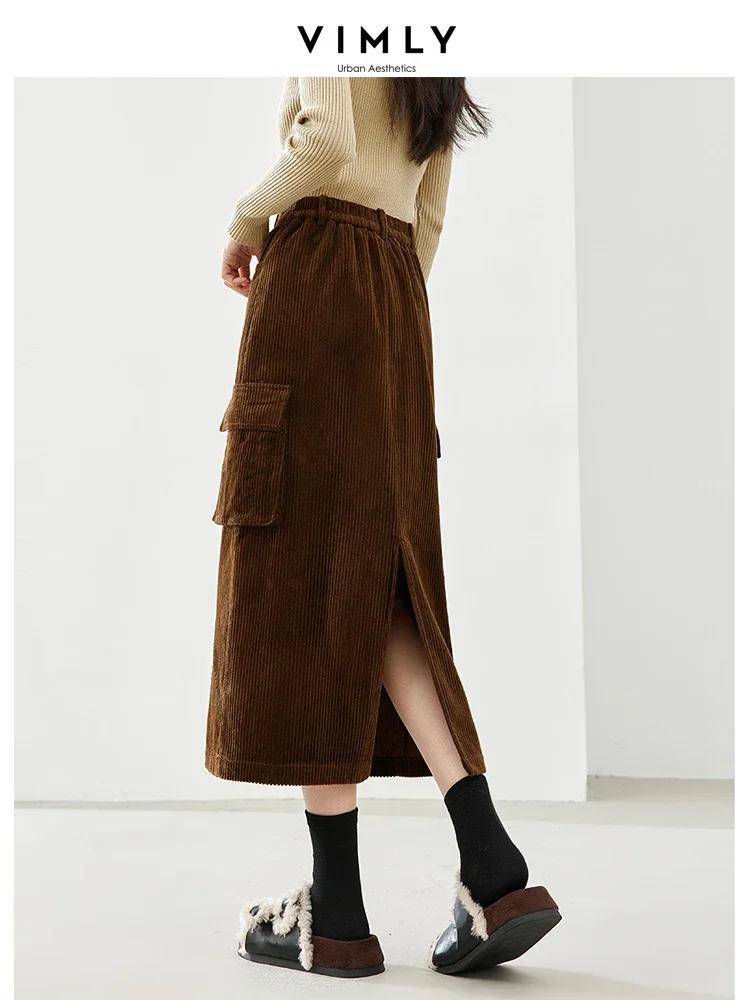 Vimly Cotton 100% Thick Corduroy Midi Skirt for Women 2023 Winter Cargo Style Straight Elastic Waist Split Skirts Clothing M5386