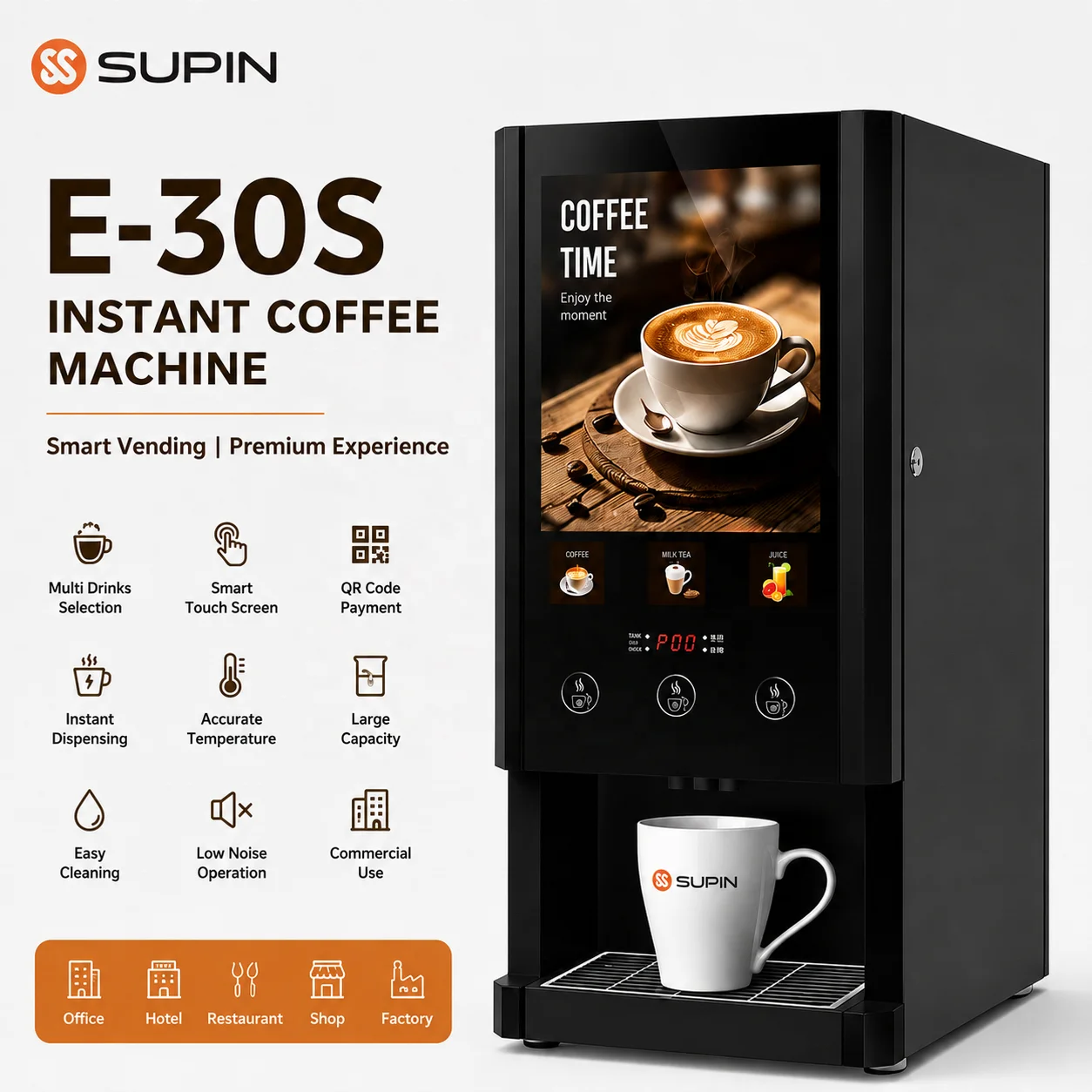 E-30S Commercial Instant Coffee Vending Machine QR Payment Multiple Hot Beverages Office Hotel Restaurant