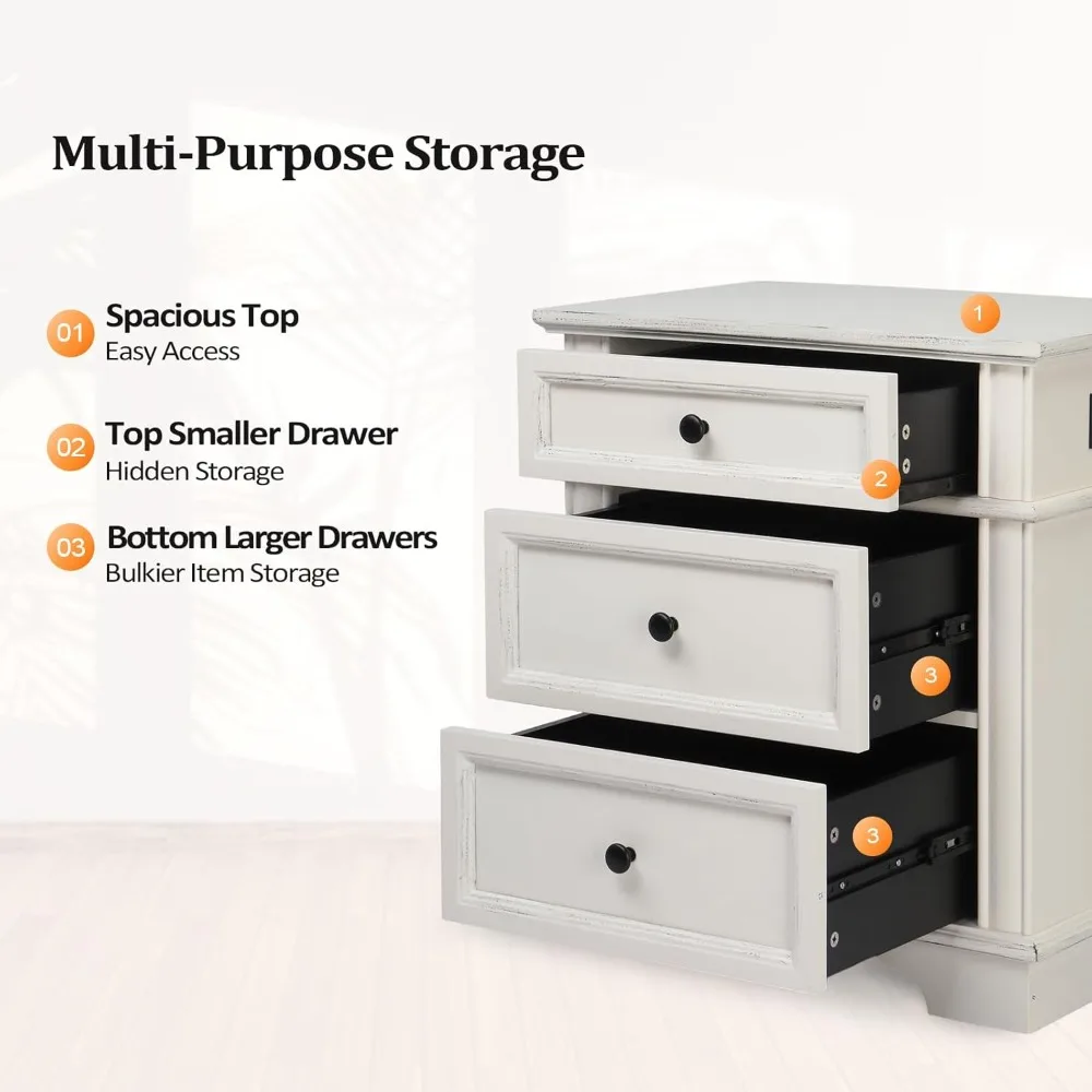 طقم من طاولتين ليلتين، 24 واسعة مع قاعدة شحن و3 أدراج، أدراج مزخرفة، مقاس كبير #5