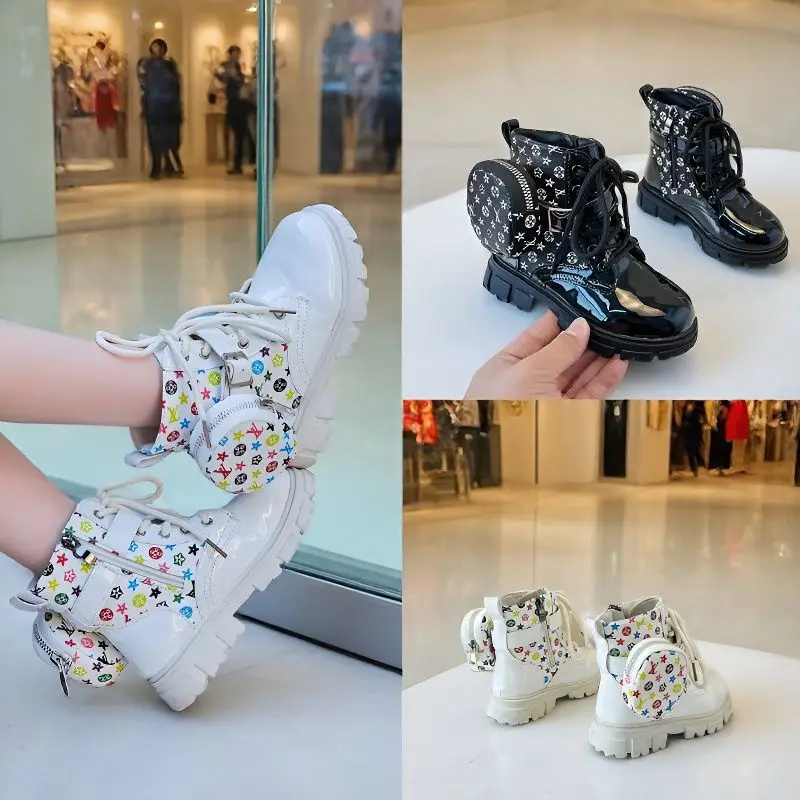 

Kids'Boots Solid Color PU Leather Fashion Autumn Boots For Children Anti-slip Breathable Designer Black White Shoes Size 21-37