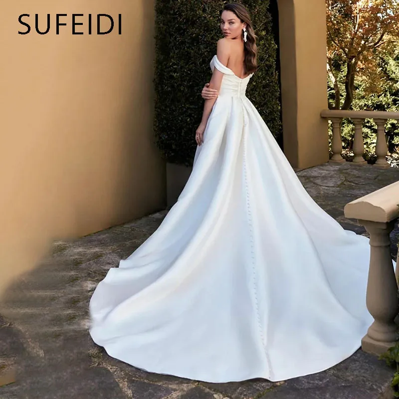 Vestidos de novia elegantes de satén, corte en A, vestidos de novia con abertura lateral, plisados elegantes, escote en forma de corazón, vestidos sexuales para fiesta de boda personalizados