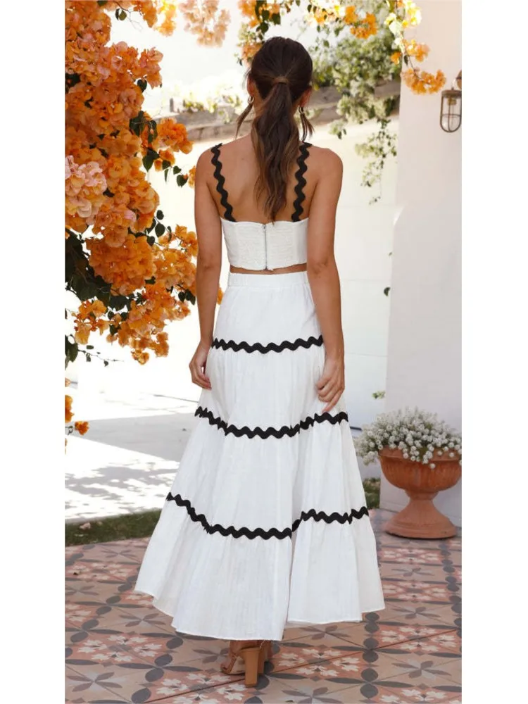 Summer Wave Stripe Holiday Strap Dress Set Women Sleeveless Backless Crop Tops High Waist A-line Skirts 2 Set Lady New