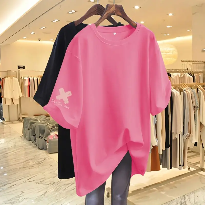 Summer Casual Chic Solid Short Sleeve T-shirt Women Clothing Fashion O-neck Pure Cotton Tee Office Lady Loose Tops 45-105Kg