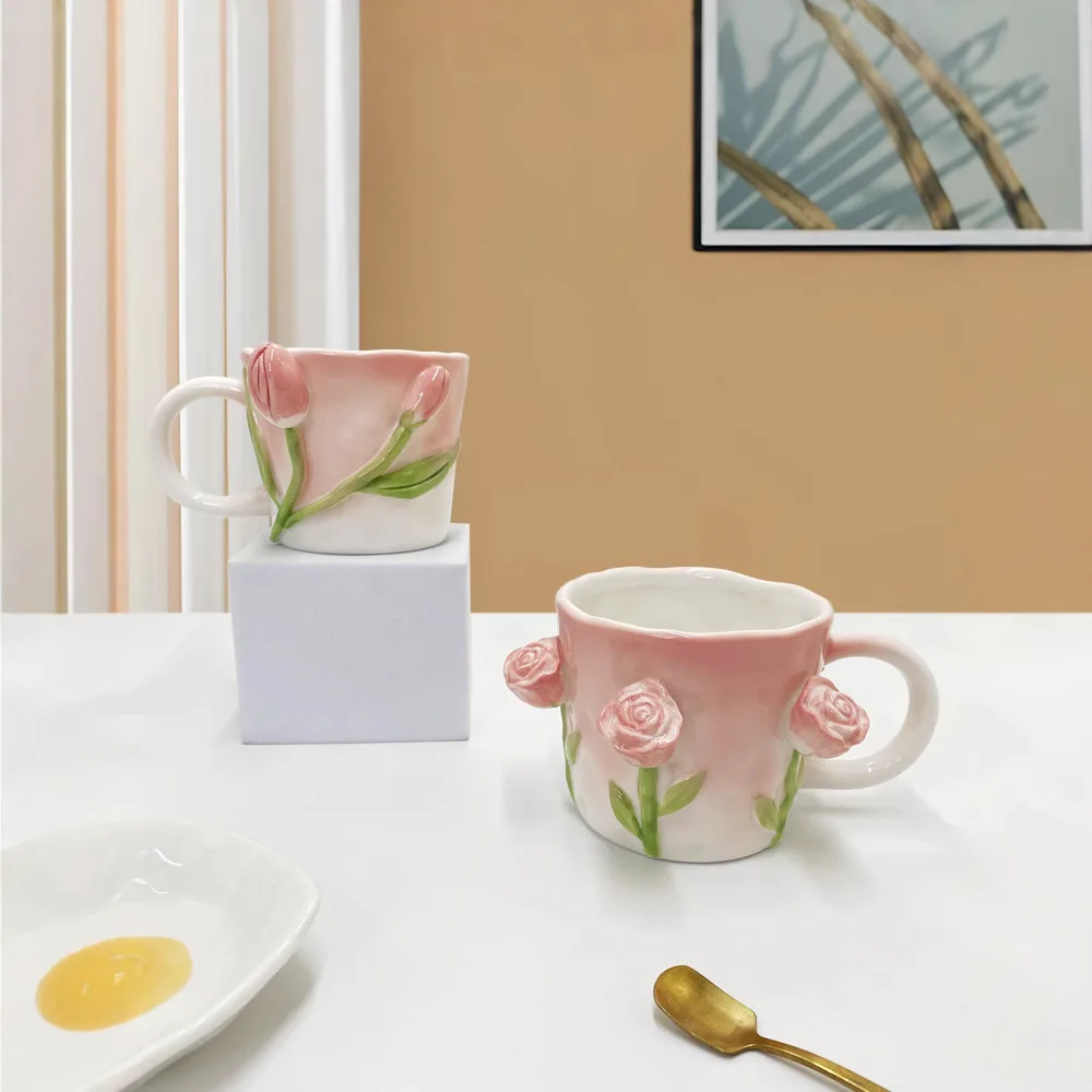 

Handmade 3D Relief Tulip Ceramic Mug Ins Aesthetic Gift for Women Girls