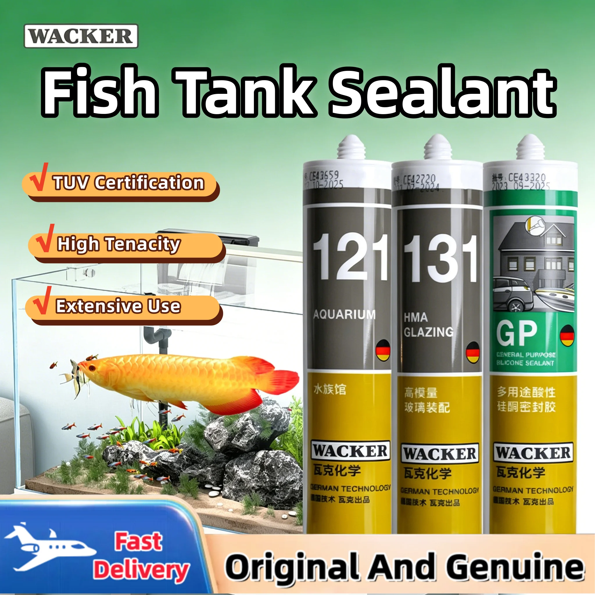 

Wacker 121 Professional Grade Aquarium Silicone Sealant High Curing Acetic Silicone Rubber for Fish Tanks Water-Proof