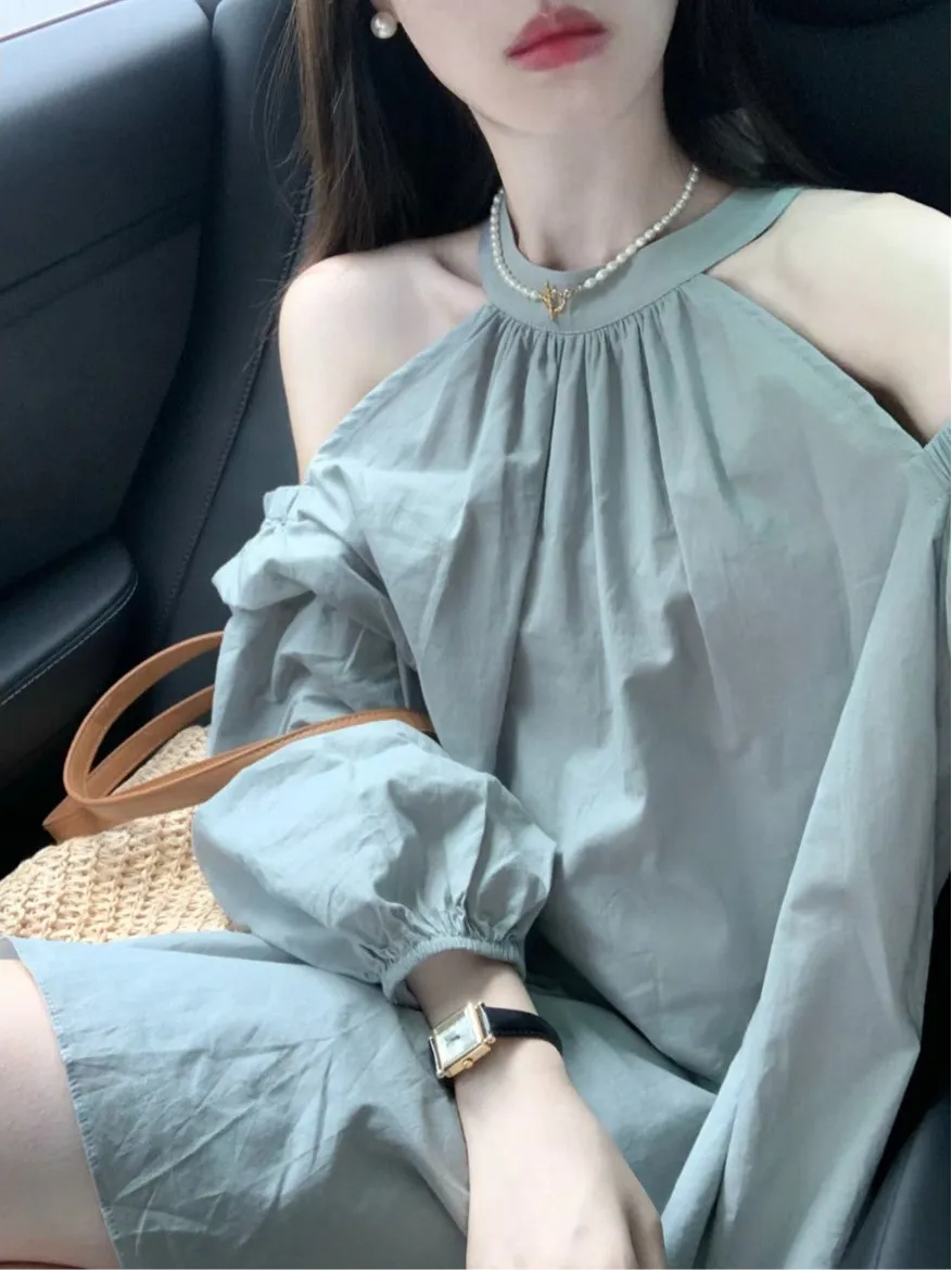 

Blue oulder-baring Long Sve Dr Women's Loose Fit Design Sensation ort Skirt Spring 2025 New Sle Commute Sle