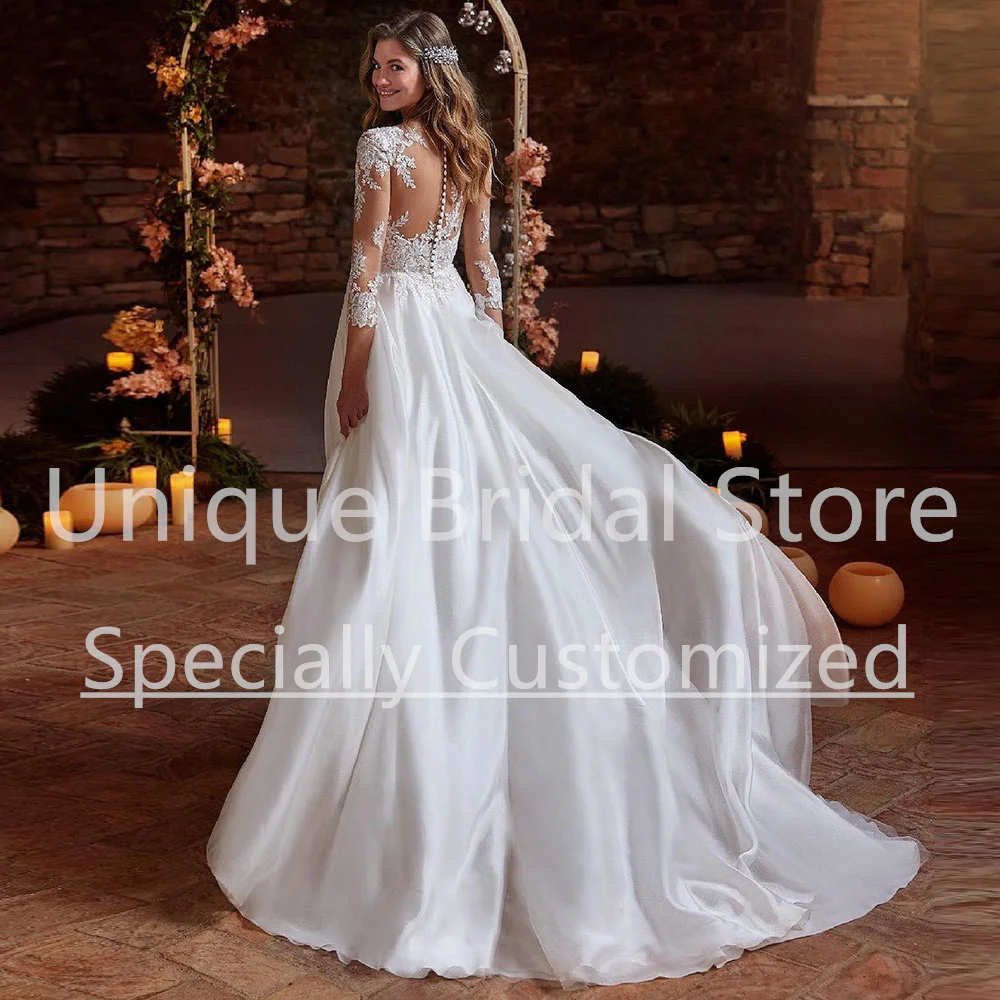 Customized Wedding Dress A-Line Chiffon Applique Draped Crew-Neck 3/4 Long Sleeve Button Brush Train Women Bridal Gown 2023 Cust