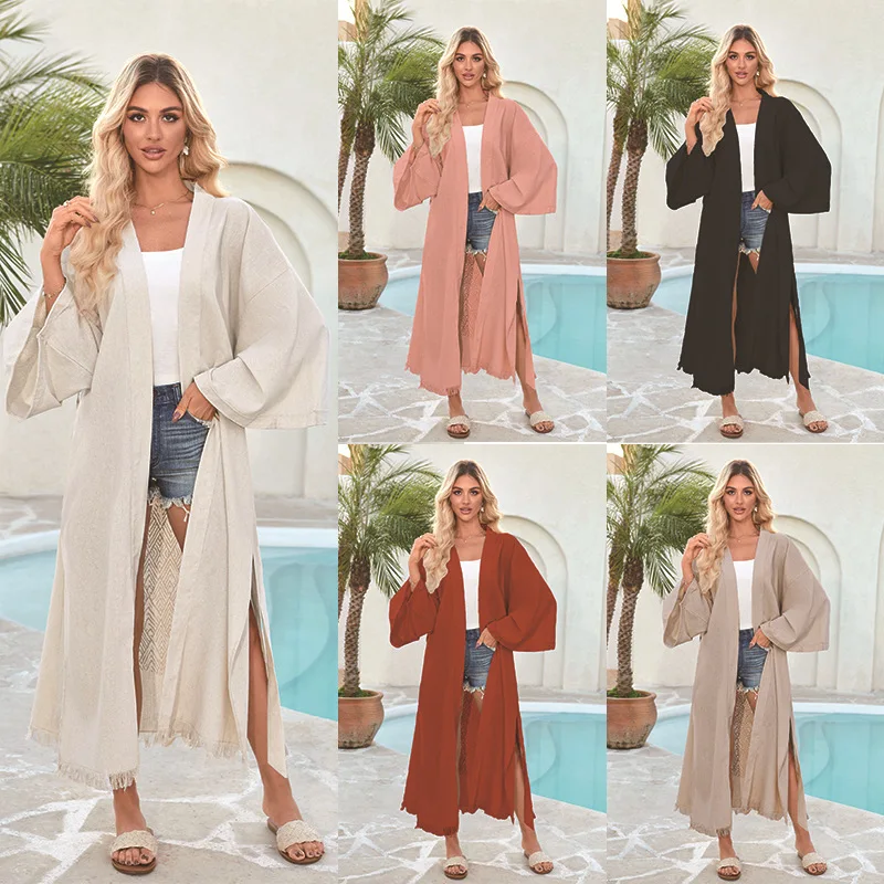 2025 Neue Damen-Strand-Vertuschung aus Baumwolle und Leinen, Bikini-Badeanzug, Oberbekleidung, lässiger Sommer-Vasion-Sonnenschutzmantel
