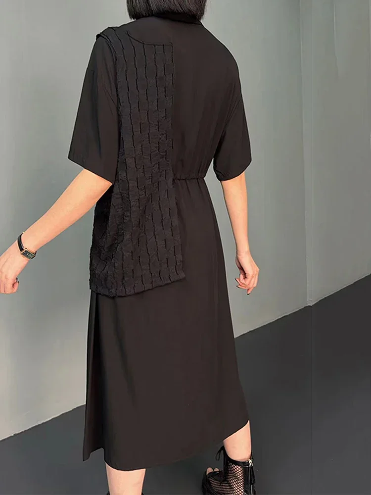 XITAO Asymmetrische Patchwork Jurk Mode Valse Twee Stukken Trekkoord Turn-down Kraag Shirt Jurk 2025 Zomer Nieuwe WLD20146